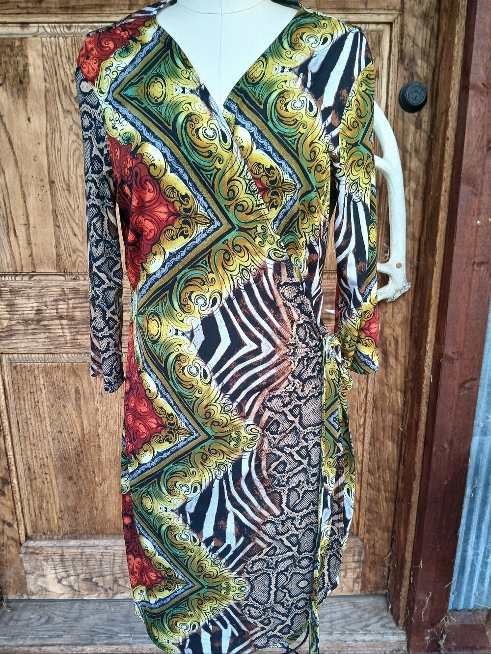Emma & Michele Baroque Mixed Animal Print Faux Wrap Dress Size Large NEW